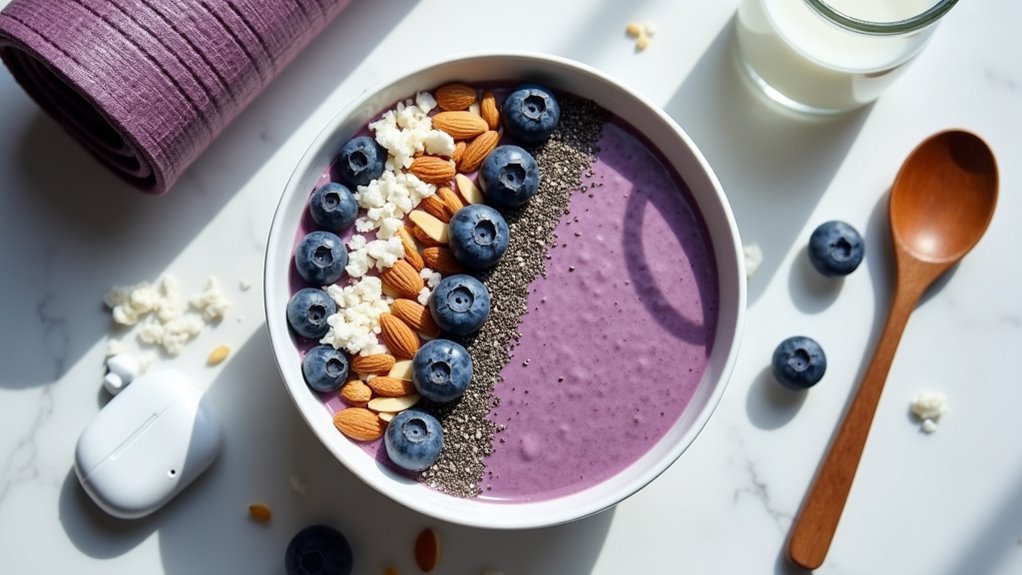 Colorful protein smoothie bowl topped with fruits and nuts