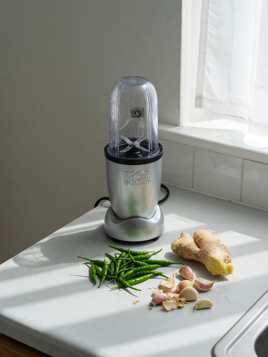 Silver Magic Bullet personal blender on a small apartment kitchen countertop with garlic cloves, fresh ginger root, and