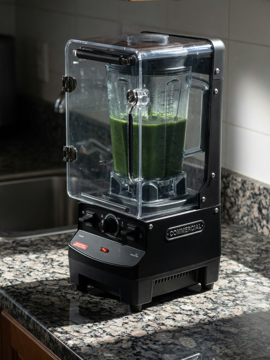 Black commercial-style blender with its clear sound enclosure shield in the closed position, sitting on a granite