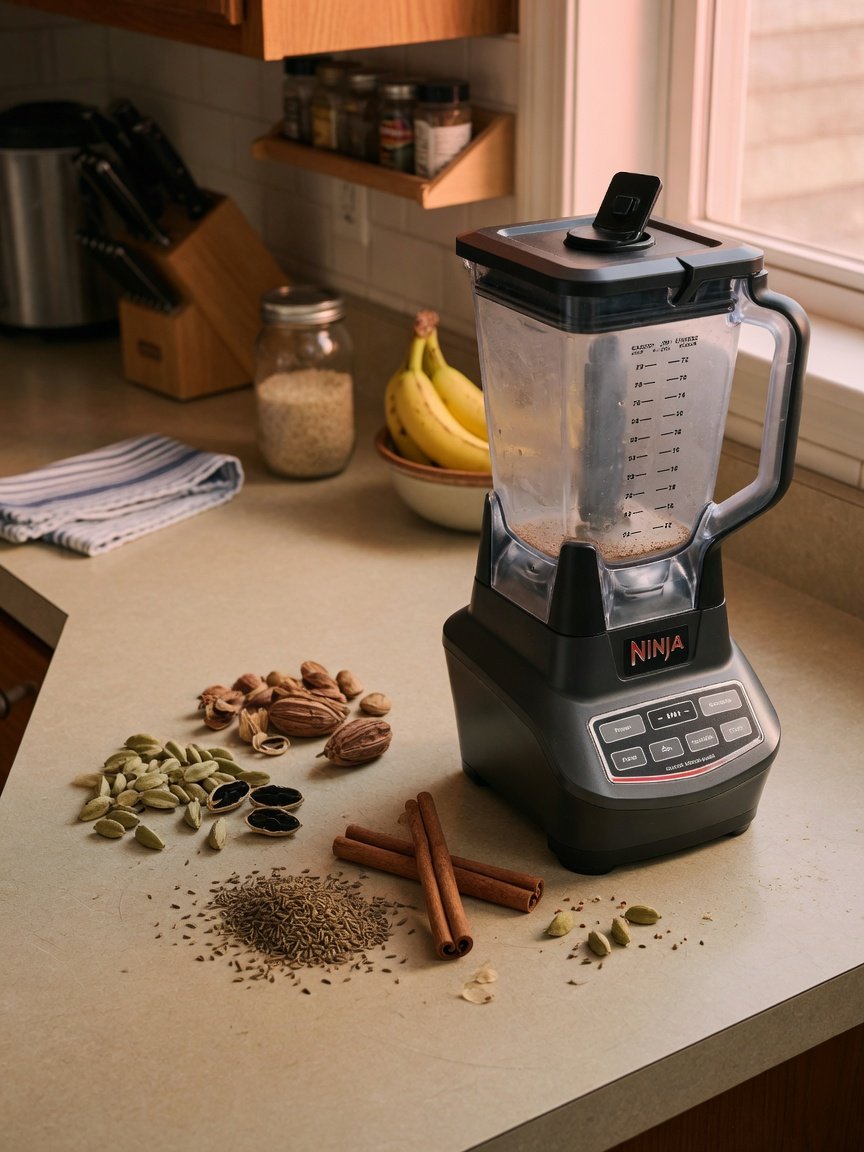 Black and grey Ninja blender with 72-oz pitcher on a family kitchen countertop, whole dried cardamom pods, cumin seeds