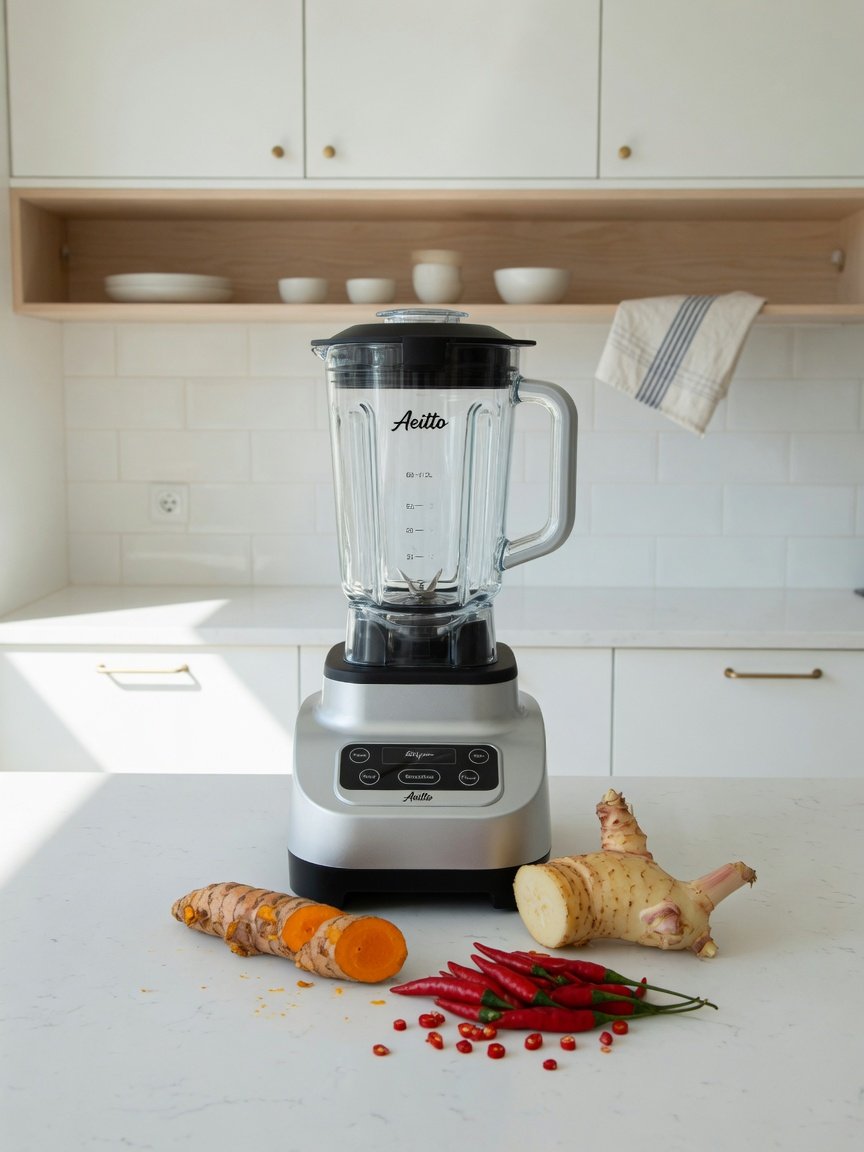 Silver Aeitto countertop blender with 68-oz jar on a modern clean kitchen counter, fresh turmeric root, galangal, and a