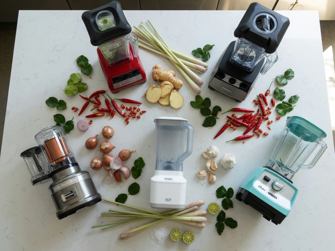 Overhead flat-lay of five different countertop blenders arranged on a large kitchen island with curry paste ingredients