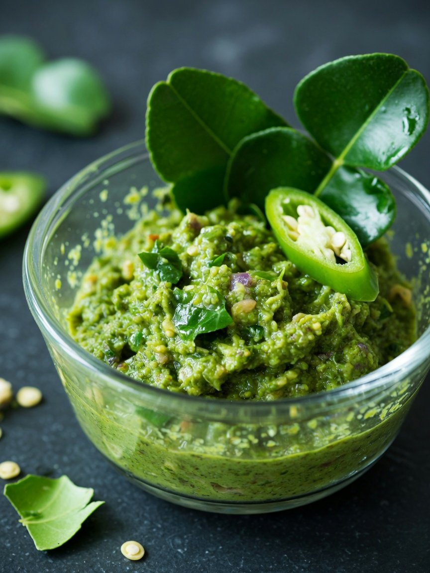 Close-up food photography of a small glass bowl of vibrant green Thai curry paste freshly blended, a few kaffir lime