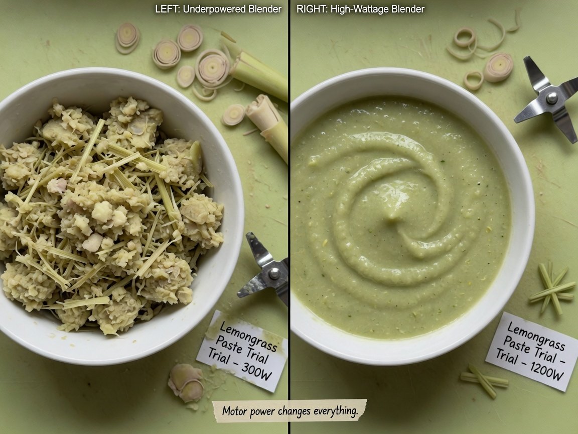 Split-frame comparison showing a fibrous, chunky lemongrass-heavy paste on the left from an underpowered blender versus