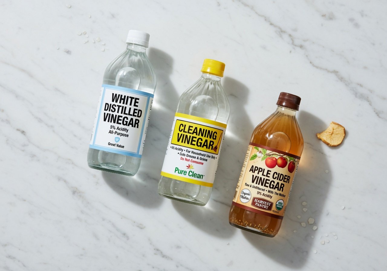 Three vinegar bottles side by side — white distilled, cleaning vinegar, and apple cider vinegar — for blender cleaning comparison