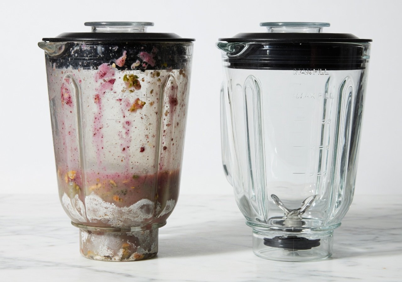 Before and after blender jar comparison — cloudy with mineral residue on the left, sparkling clean after vinegar treatment on the right