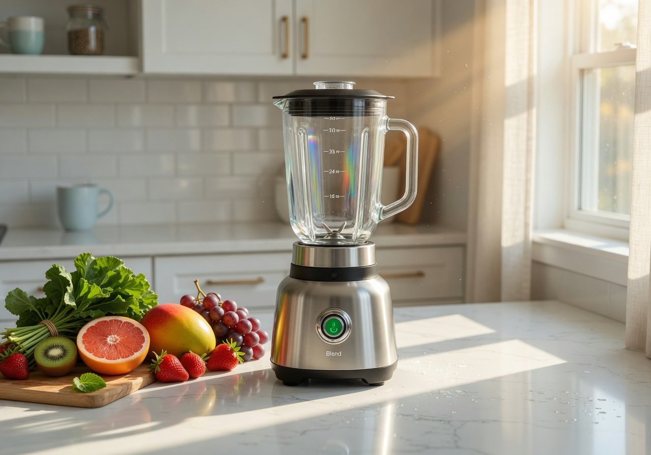 Sparkling clean modern blender with clear jar and polished stainless base on a bright kitchen counter ready for use