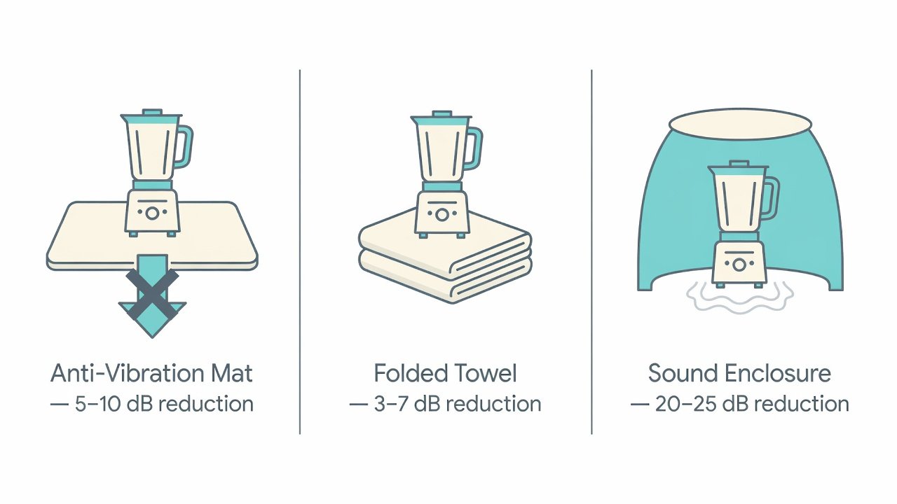 Side-by-side flat design illustration comparing three blender noise reduction methods: mat, towel, and sound enclosure