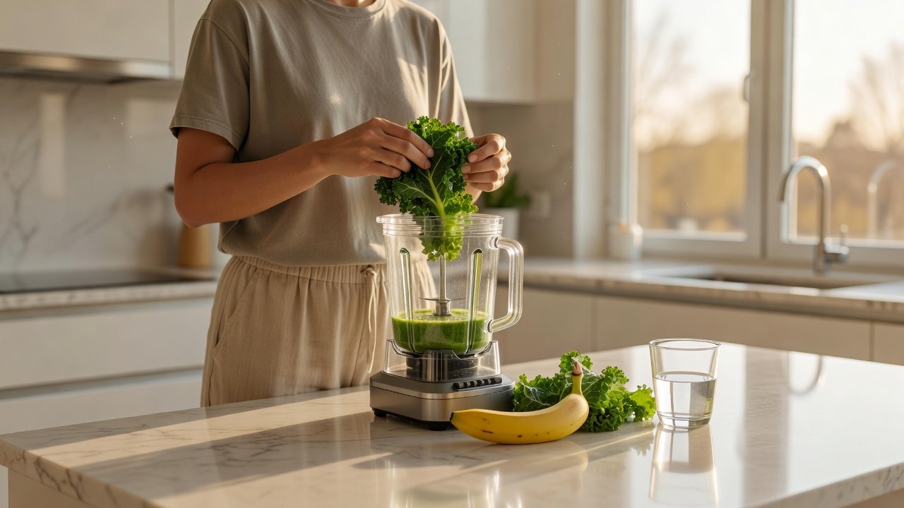 Person blending a morning smoothie quietly in a bright modern kitchen using a clear commercial sound enclosure over the blender