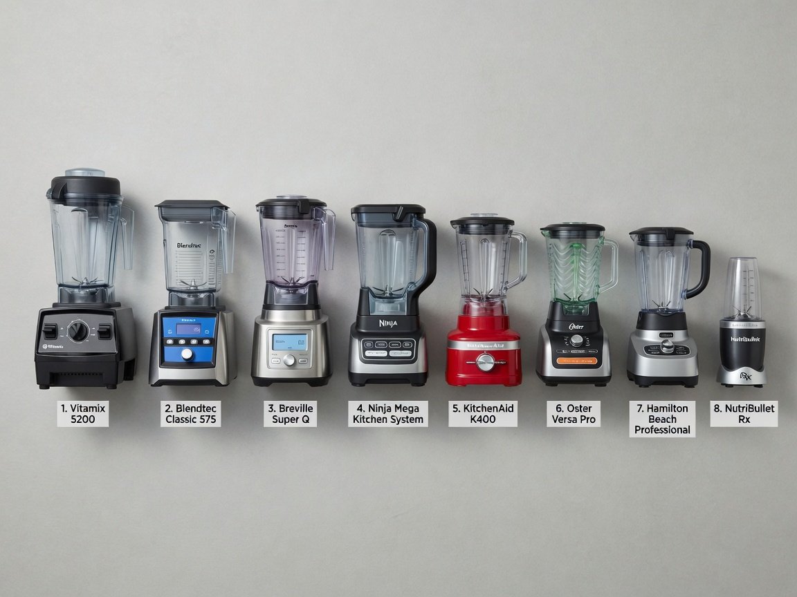 Side-by-side comparison flat lay of all 8 blenders from this article arranged by size largest to smallest, professional
