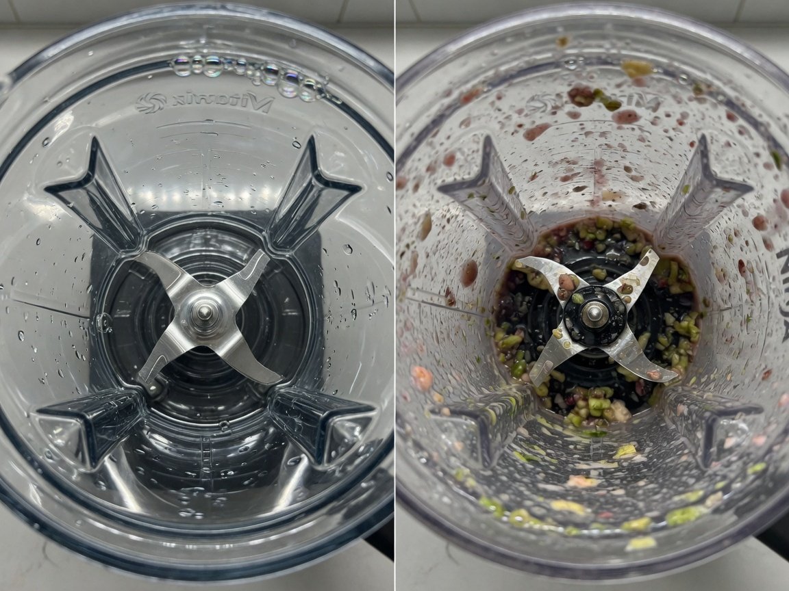 Close-up comparison of a sparkling-clean Vitamix jar interior after the self-cleaning cycle versus a Ninja jar with