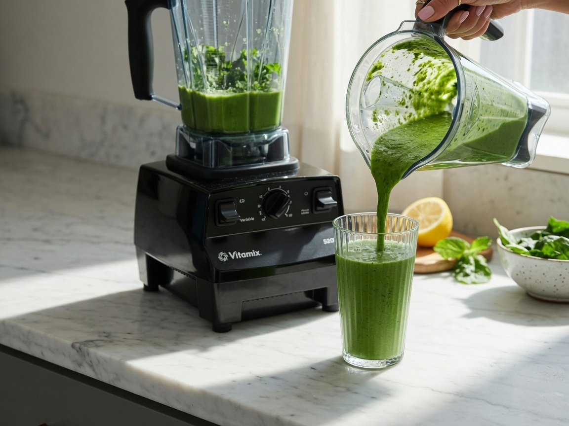 Vitamix 5200 blender in black on a marble kitchen counter, a vivid green smoothie being poured into a glass, bright