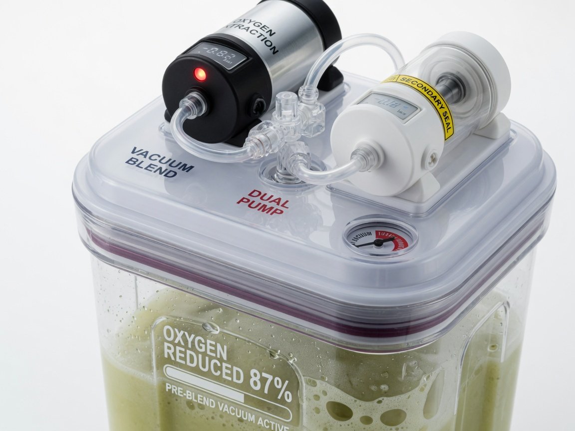 Close-up of a vacuum blending system lid showing dual pump mechanism, transparent jar with visibly reduced oxygen