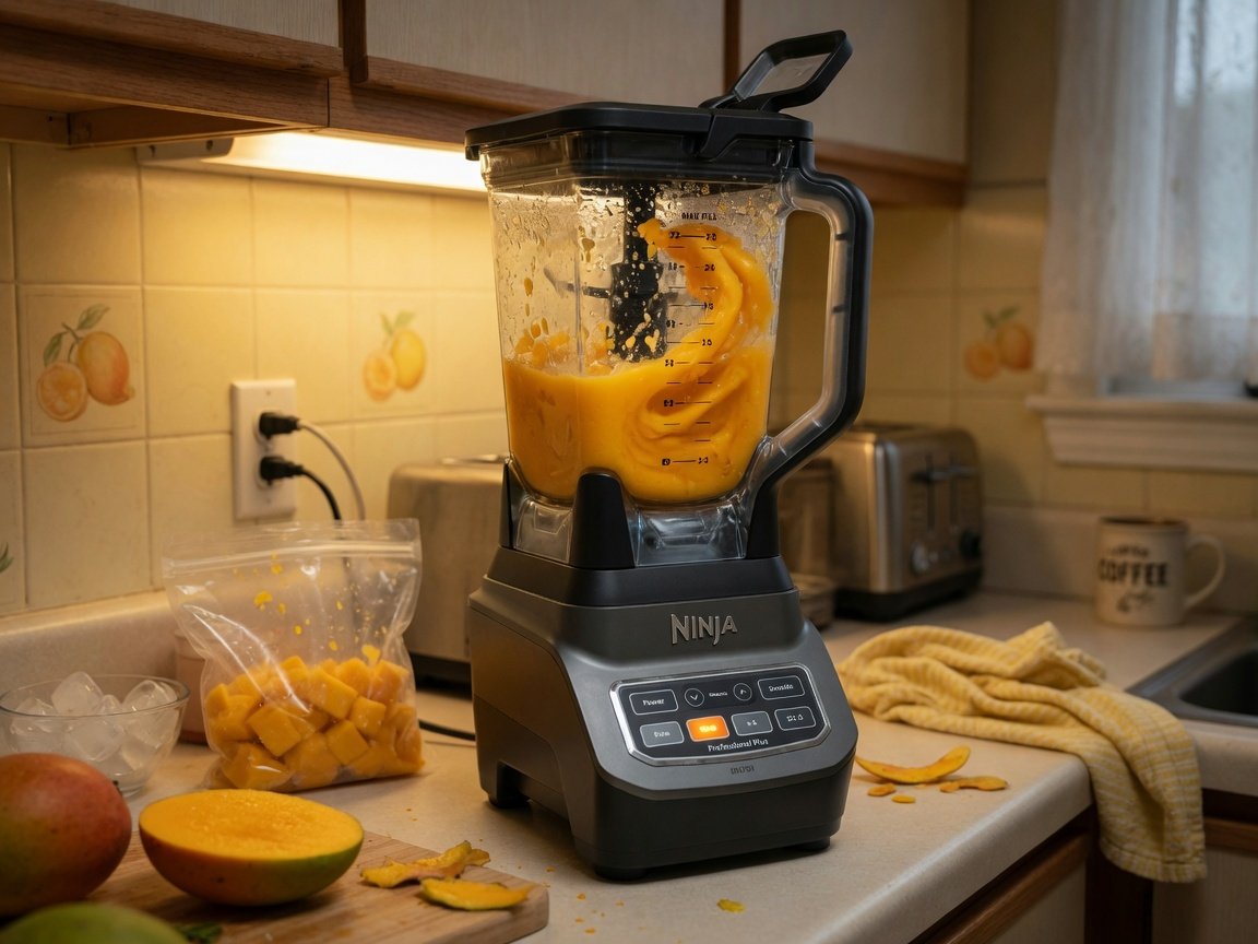 Ninja Professional Plus BN701 in dark grey on a kitchen counter, bright orange mango smoothie mid-blend inside the