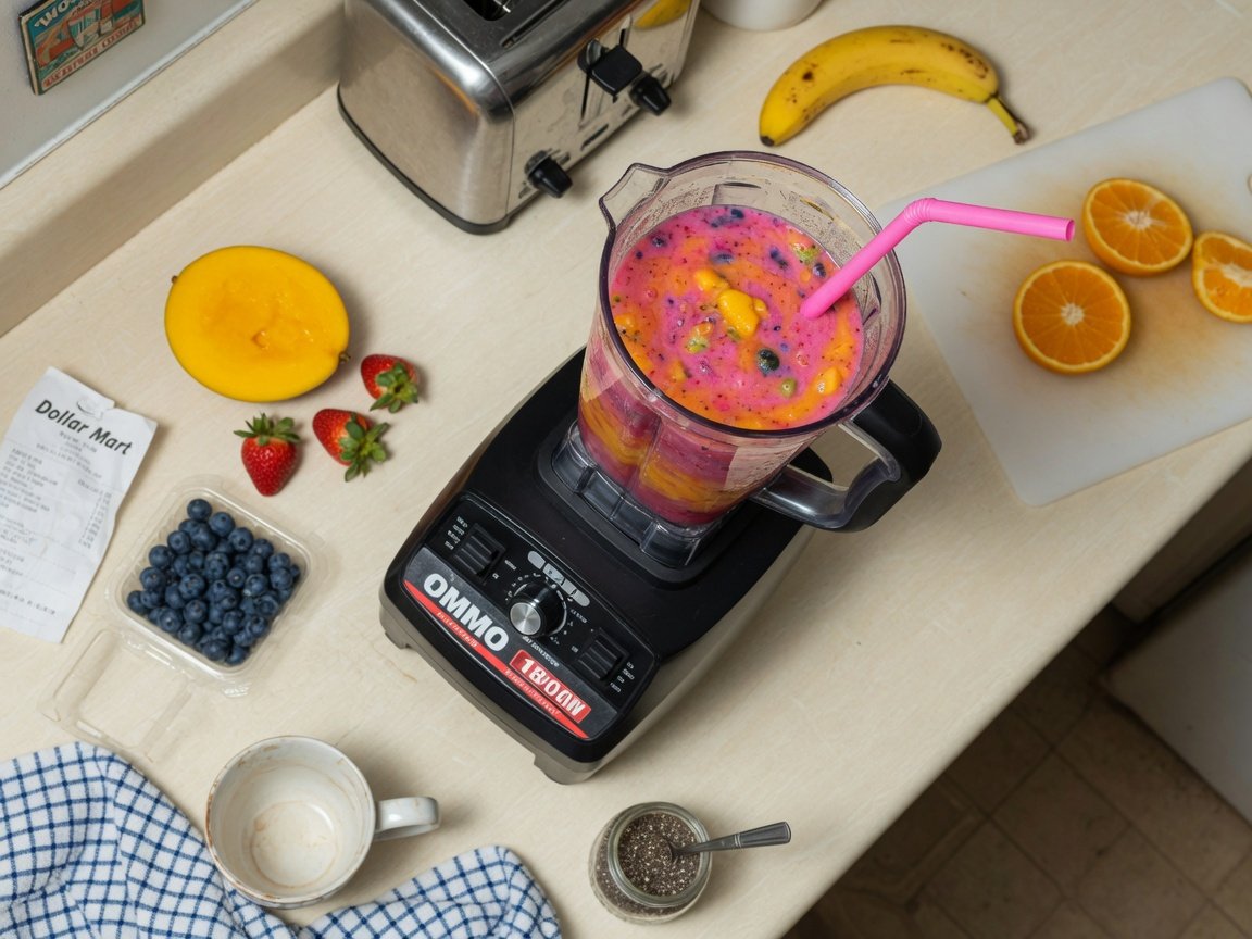 OMMO 1800W blender in black on a budget home kitchen counter with a pitcher of vibrant fruit smoothie, bright overhead