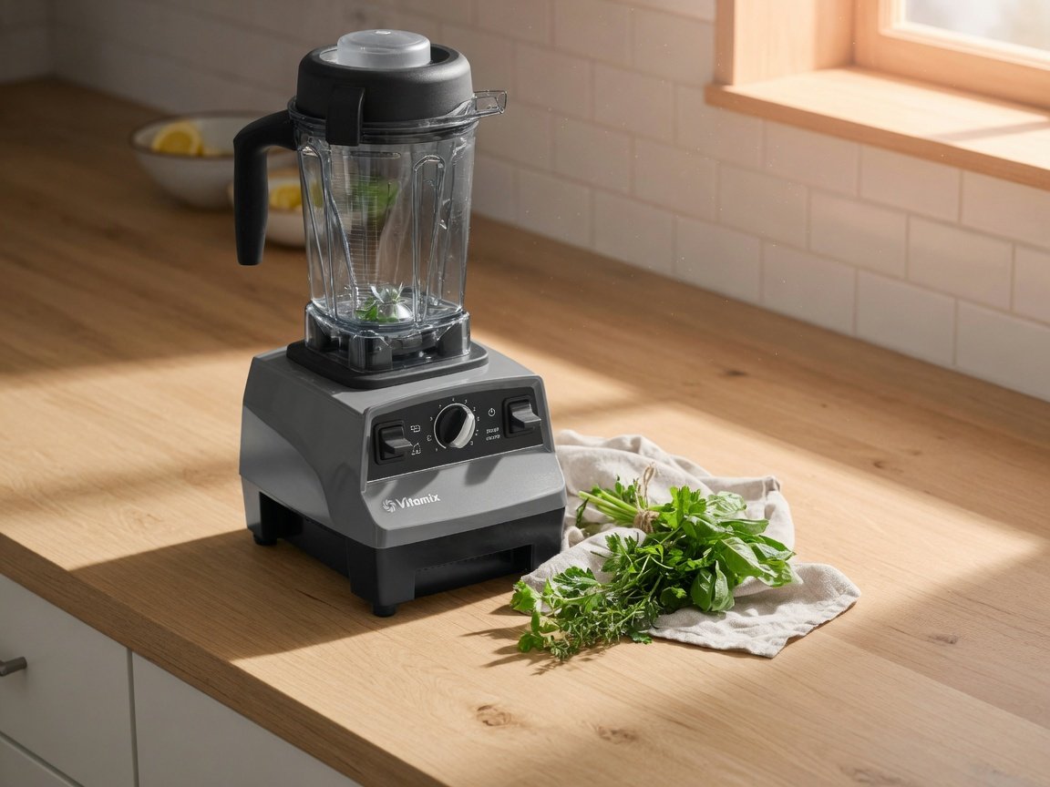 Vitamix Propel 510 in warm slate grey on a natural white oak kitchen counter, morning light, fresh herbs nearby