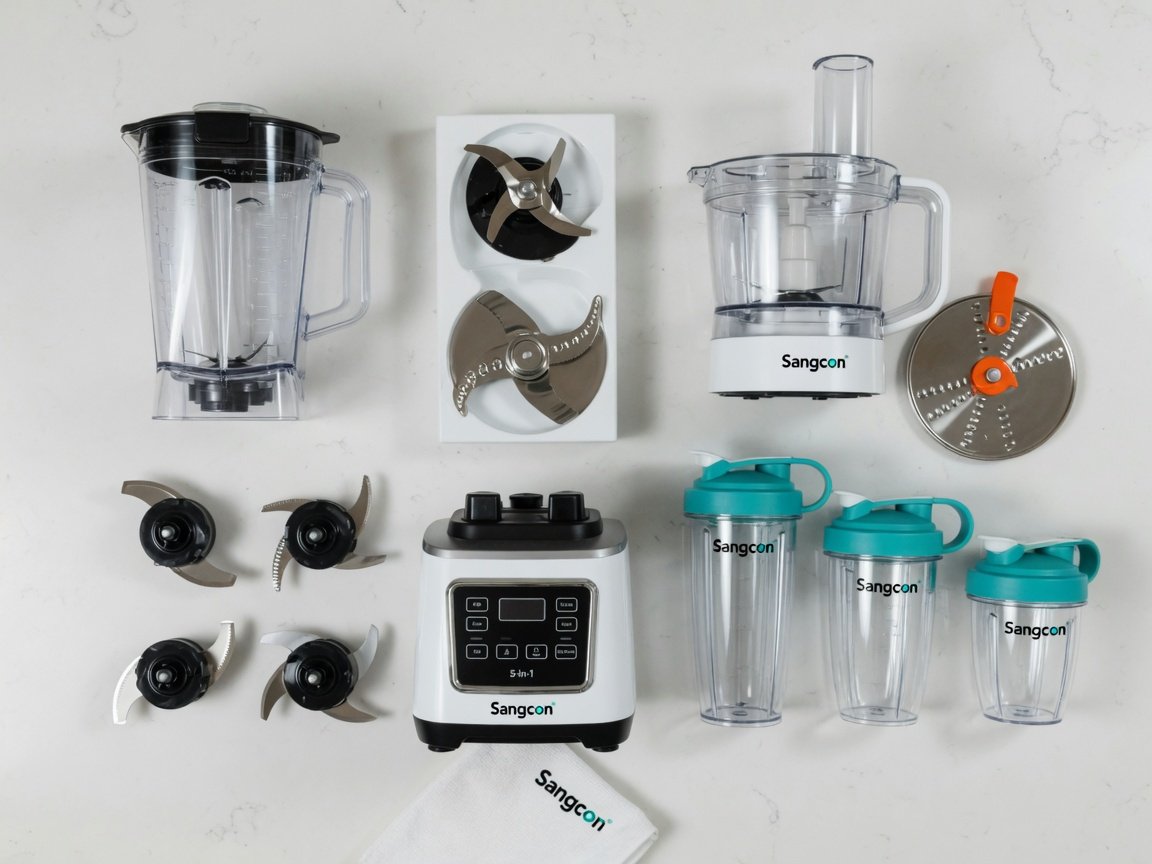 Sangcon 5-in-1 blender and food processor combo flat lay with all attachments &mdash; pitcher, bowl, personal cups