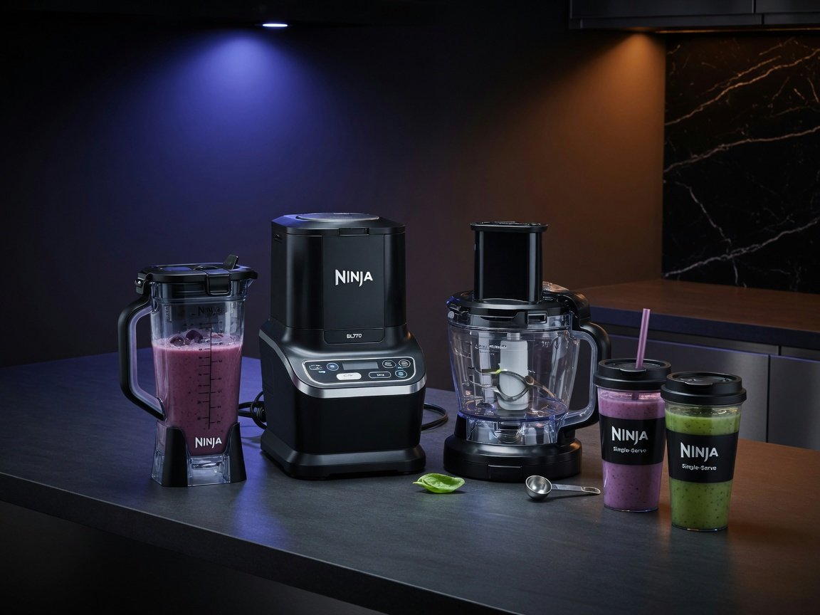 Ninja BL770 Kitchen System in black with pitcher, 8-cup food processor bowl, and two to-go cups displayed together on a