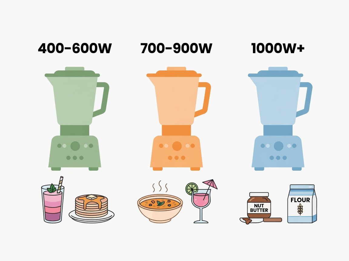 Flat-design infographic comparing blender wattage to suitable recipe types from basic smoothies to nut butter