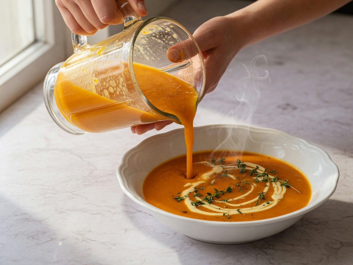 Hands pouring smooth homemade butternut squash soup from a blender jar into a white ceramic bowl