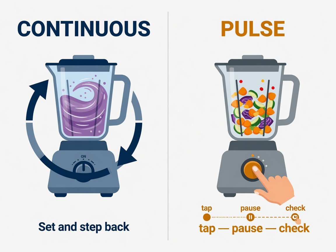 Flat-design illustration showing pulse blending versus continuous blending side by side with icons and labels