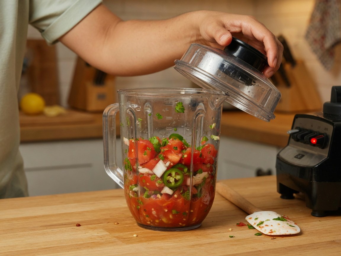Person lifting the lid of a countertop blender to inspect chunky tomato salsa texture between pulse presses