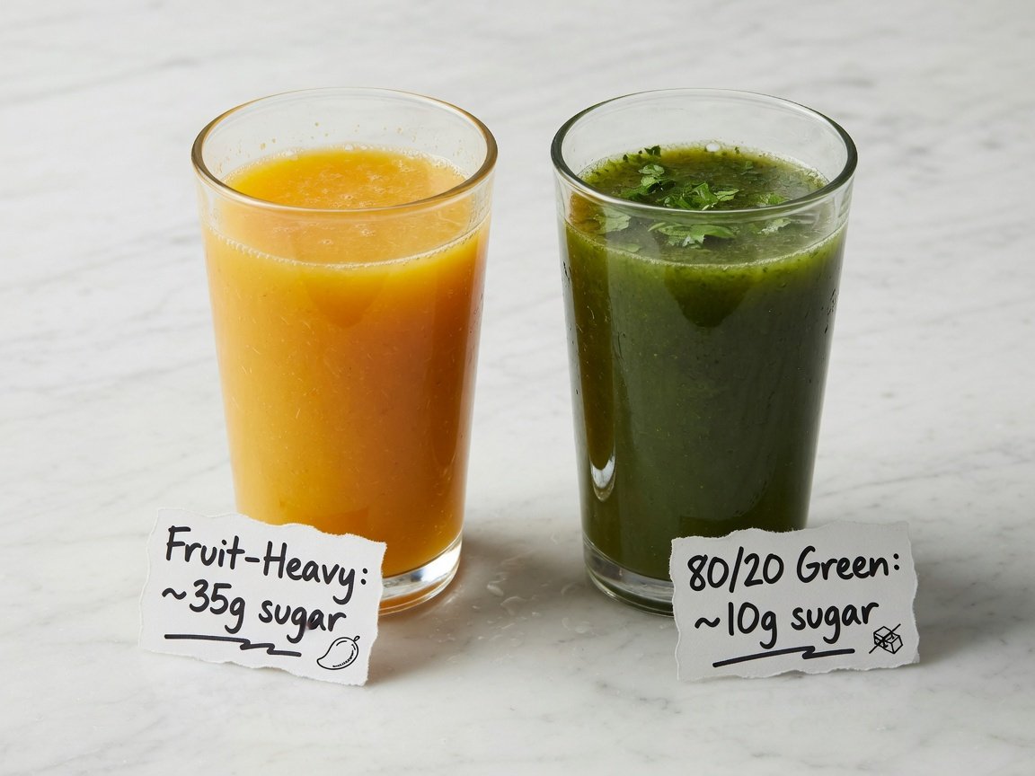 Comparison of high-sugar fruit juice versus low-sugar 80/20 green juice in two glasses side by side