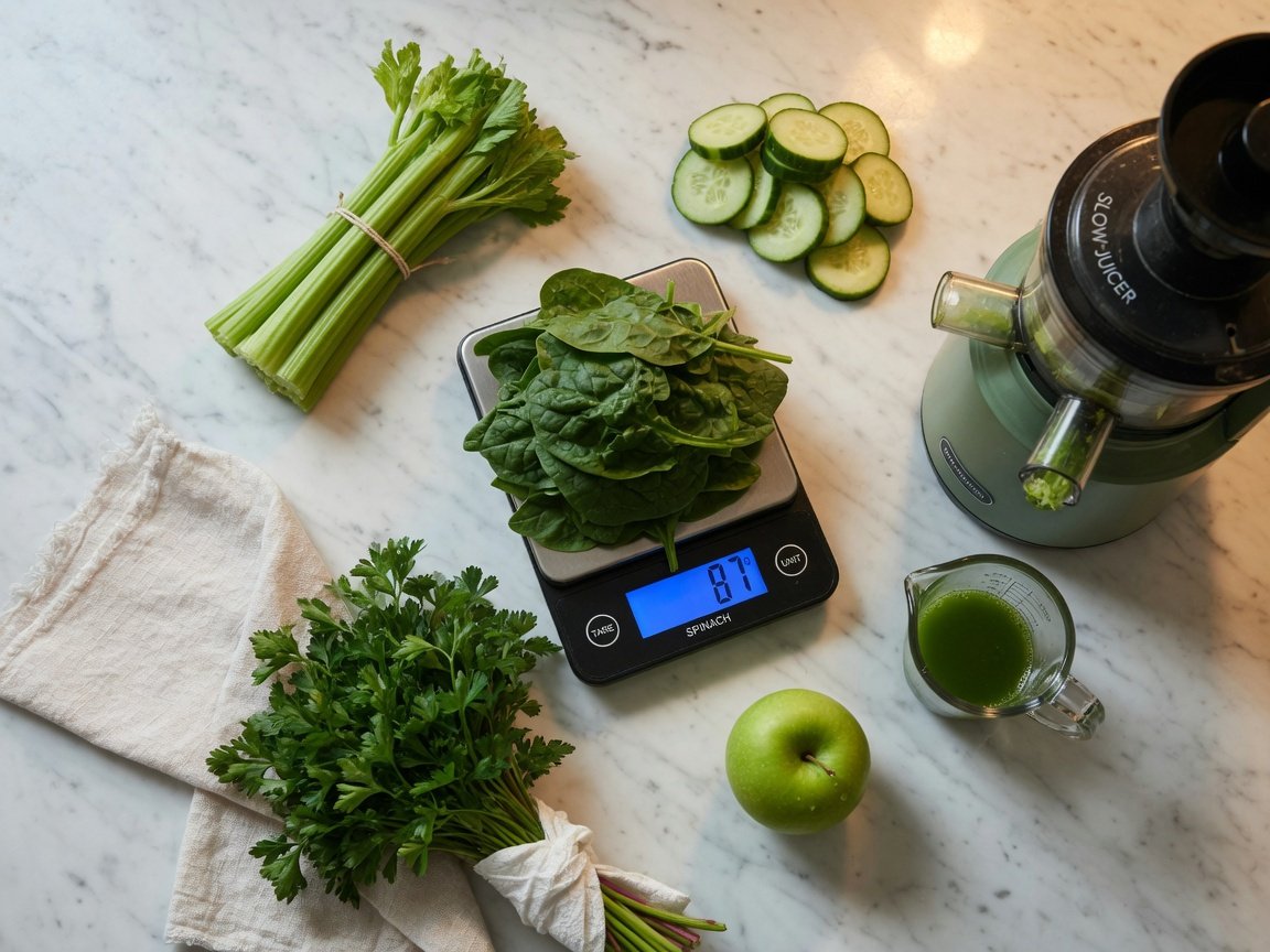 Step-by-step 80/20 juicing preparation showing vegetables being weighed and juiced in the correct order