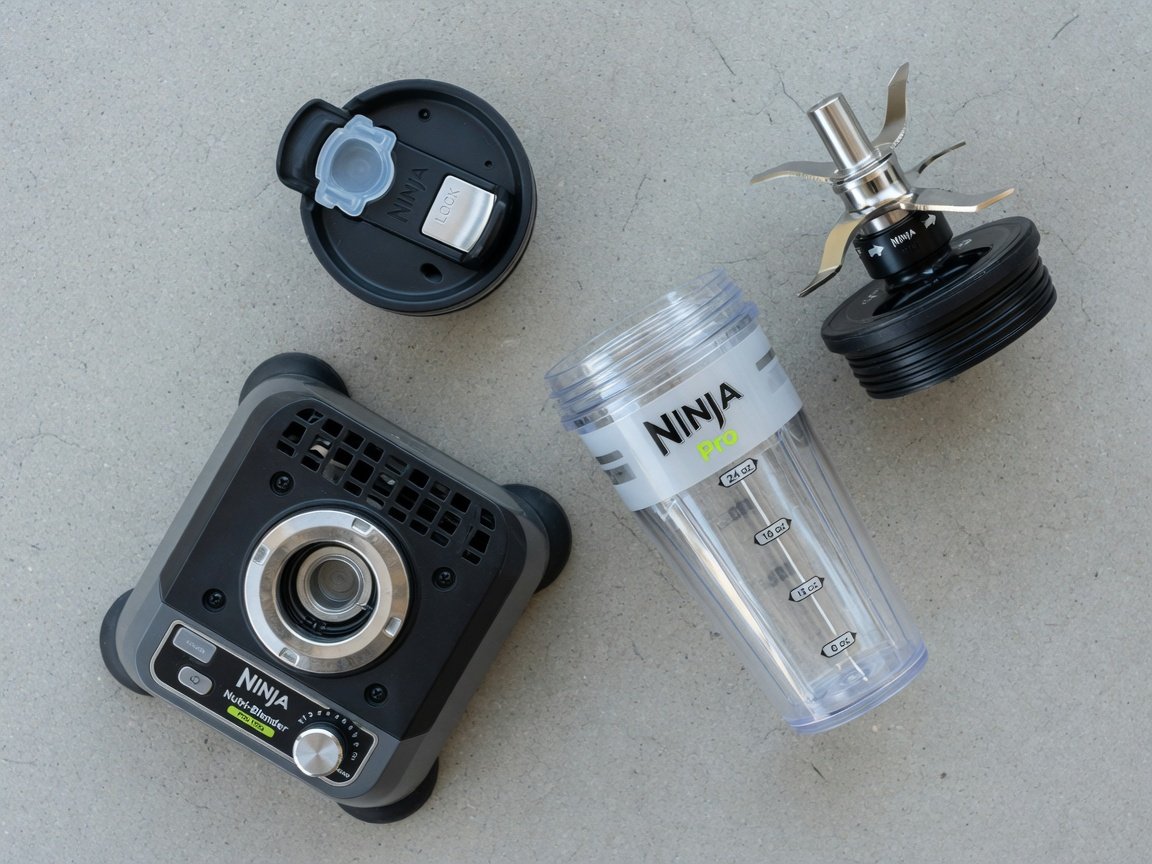 Flat-lay of the Ninja Nutri-Blender Pro 1100 components — motor base, blade assembly, 24-ounce to-go cup, and