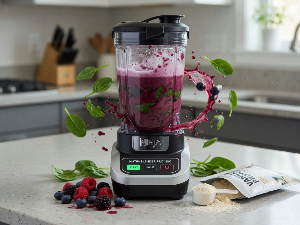 Action photograph of the Ninja Nutri-Blender Pro 1100 mid-blend on a kitchen countertop, the motor base locked and